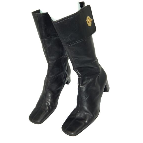 Y2K Coach Women Black Leather Boots Size 7.5 Made In Italy Turn-Lock - Picture 1 of 9